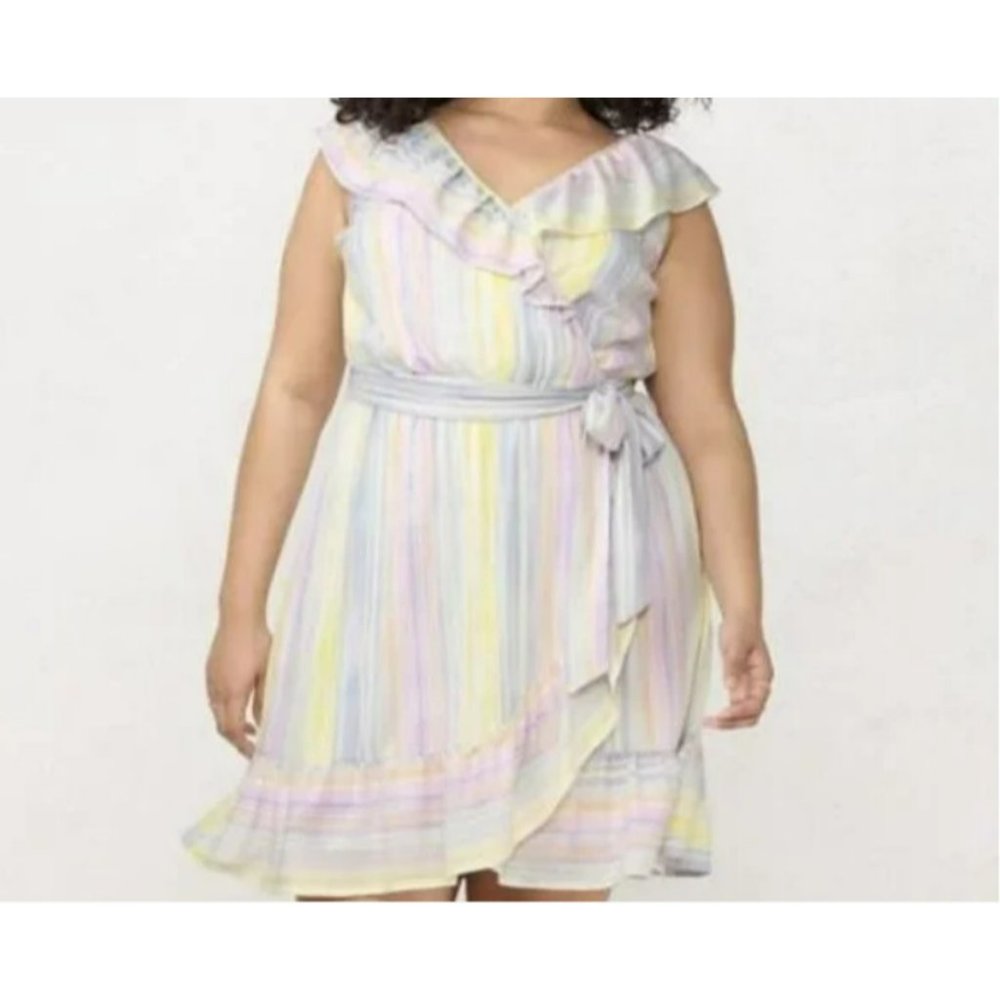 Pastel Stripe Ruffle Wrap Dress - Plus Size